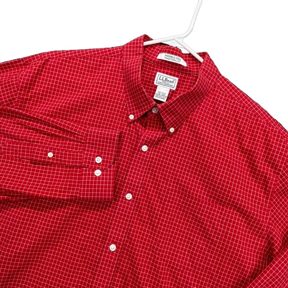L.L.Bean Shirt Mens XXL Tall Red Check Button Down Long Sleeve Wrinkle Free‎